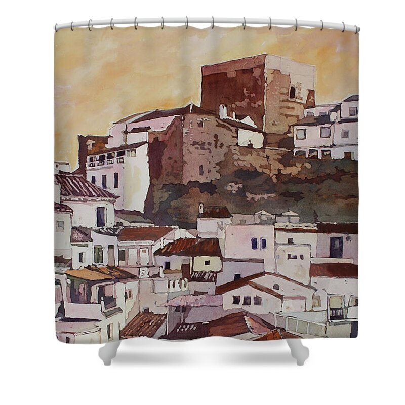 Setenil De Los Bodegas Shower Curtain featuring the painting Setenil Fortress by Jenny Armitage
