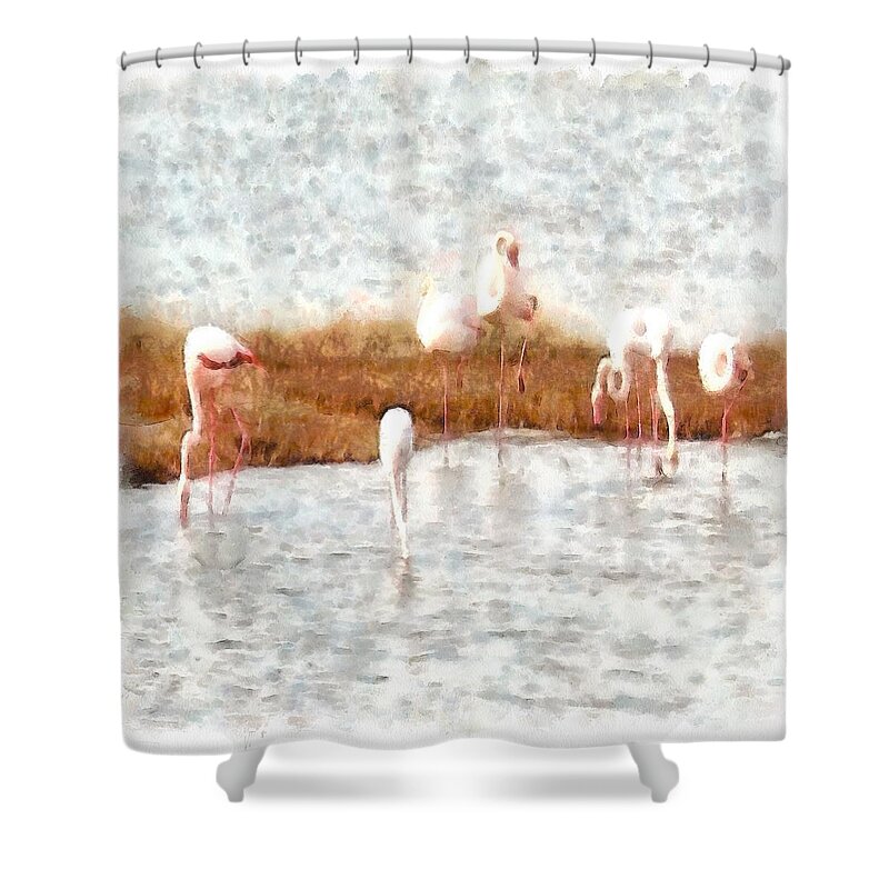 Flamingo Shower Curtain featuring the painting Seven Flamingos A Feeding Watercolor by Taiche Acrylic Art