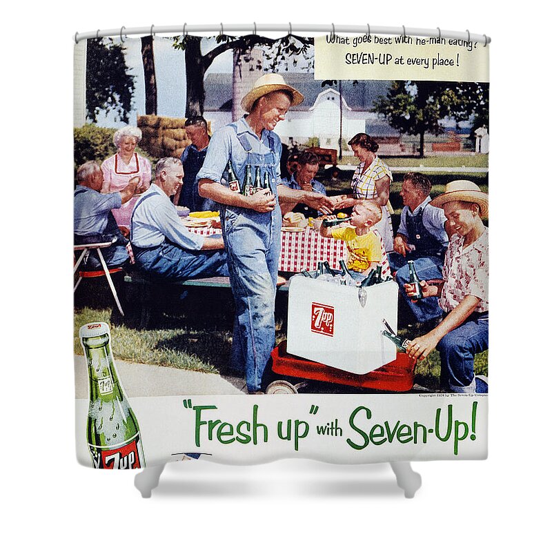 -domestic- Shower Curtain featuring the photograph Seven-up Soda Ad, 1954 by Granger