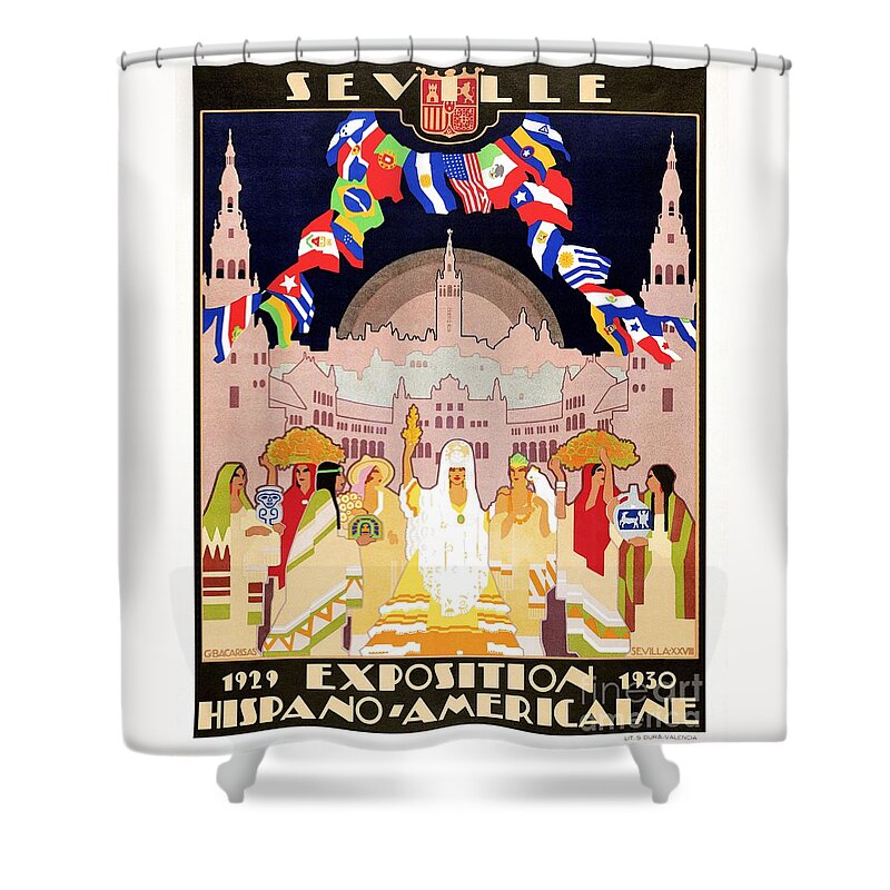 Vintage Shower Curtain featuring the digital art Seville Sevilla Art Deco Hispano-American expo 1929 by Heidi De Leeuw