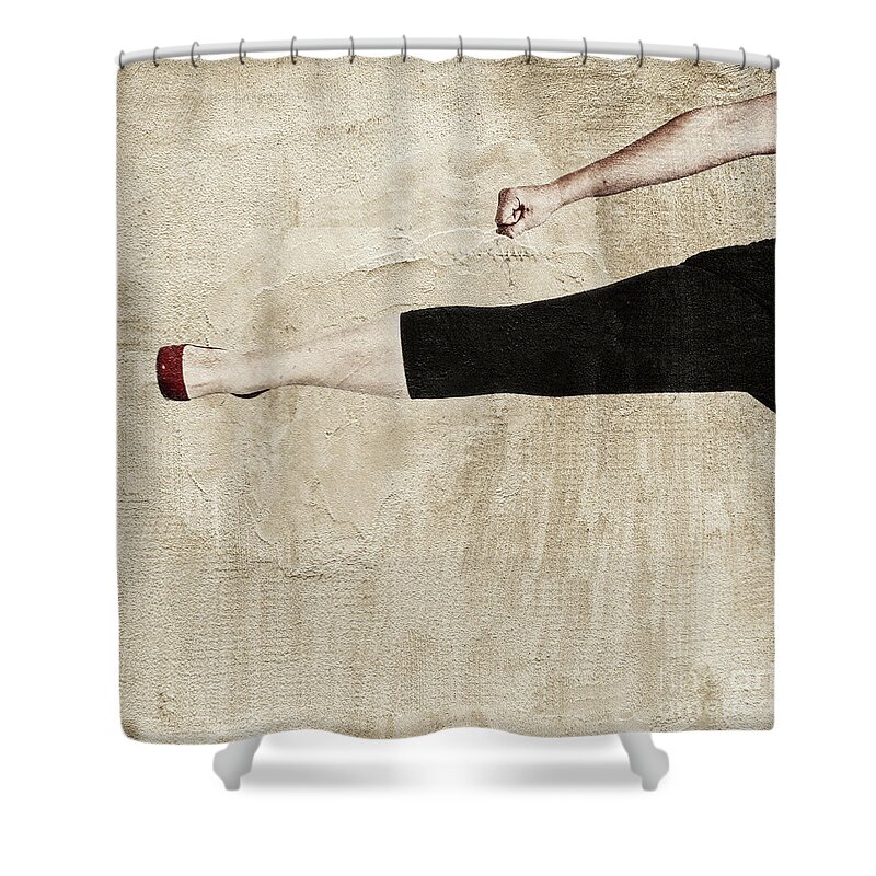Revolt Shower Curtain featuring the photograph Sexy woman kicking 4 by Humorous Quotes
