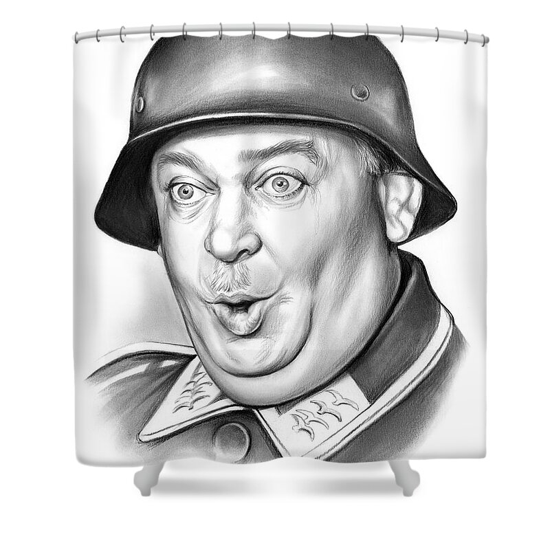 Sgt. Schultz Shower Curtain featuring the drawing Sgt Schultz by Greg Joens