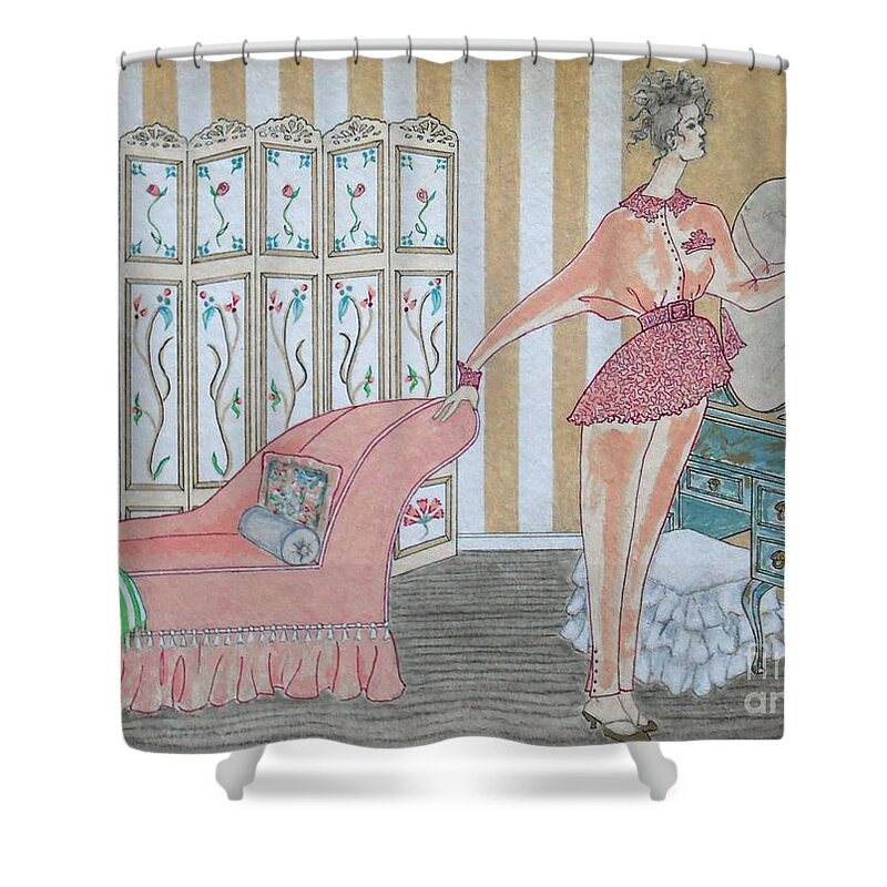 Shabby Chic Shower Curtain featuring the painting Shabby Chic -- Art Deco Interior w/ Fashion Figure by Jayne Somogy