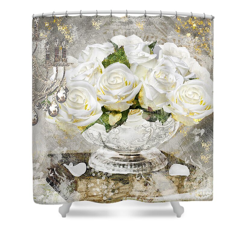 Shabby Roses Shower Curtain featuring the painting Shabby White Roses with Gold Glitter by Mindy Sommers