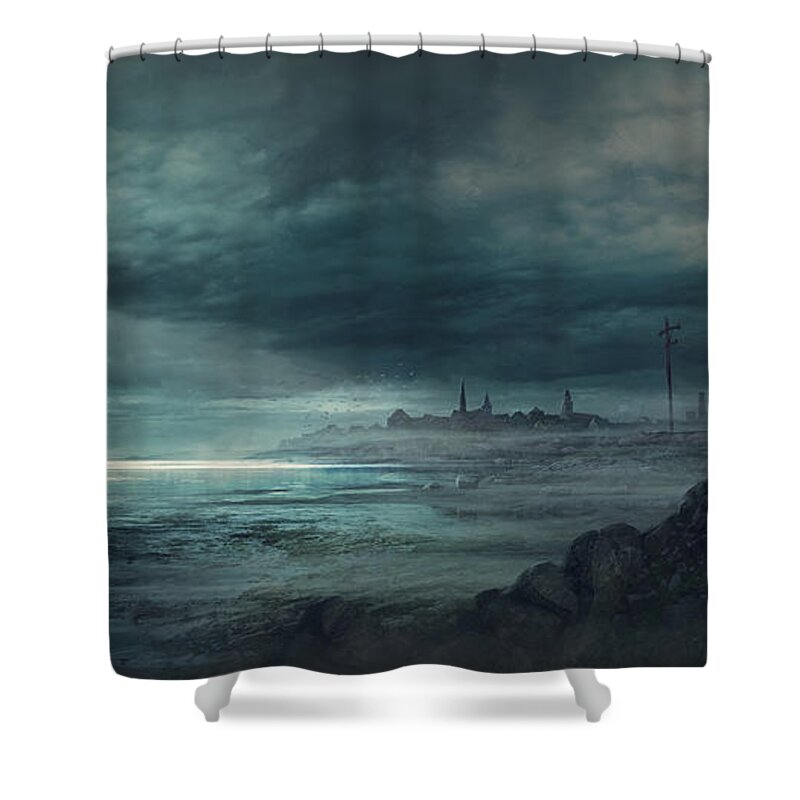 Lovecraft Shower Curtain featuring the painting Shadow over Innsmouth by Guillem H Pongiluppi