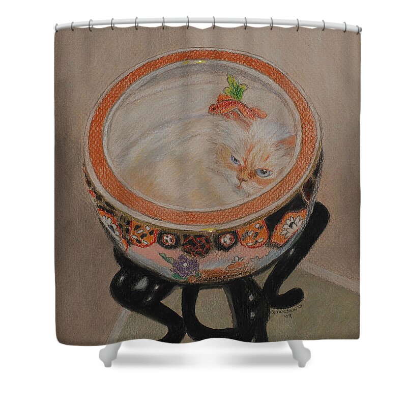 Cat Shower Curtain featuring the drawing Shakespeare in a Chinese Fishbowl by Quwatha Valentine