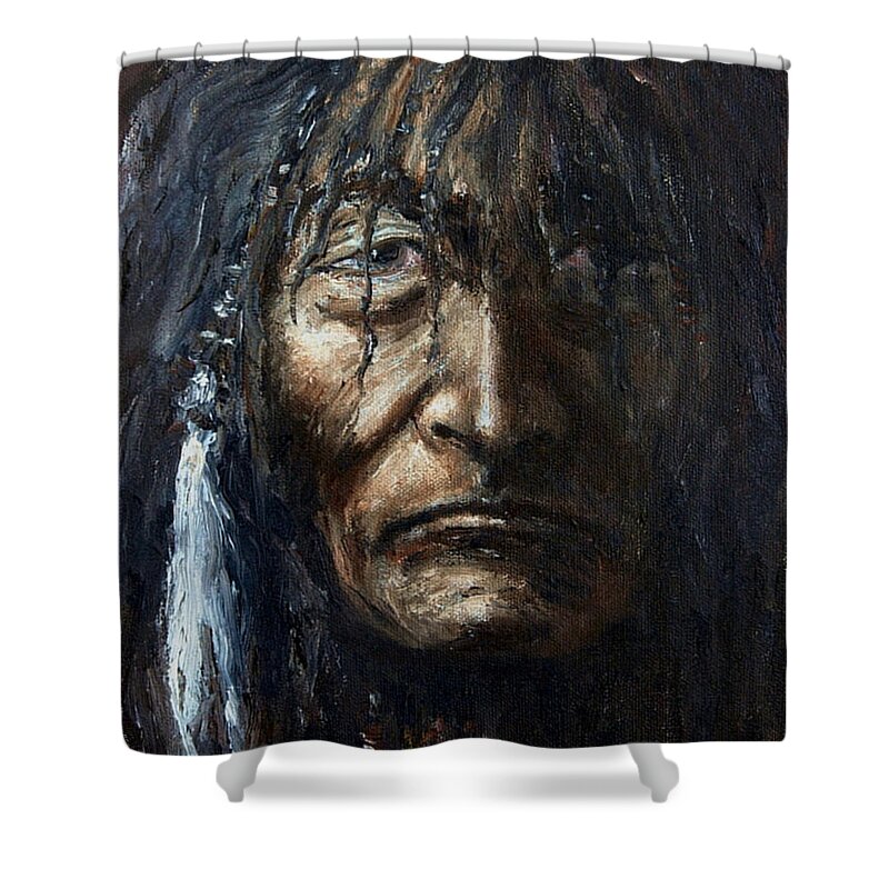 Shaman Shower Curtain featuring the painting Shaman by Arturas Slapsys