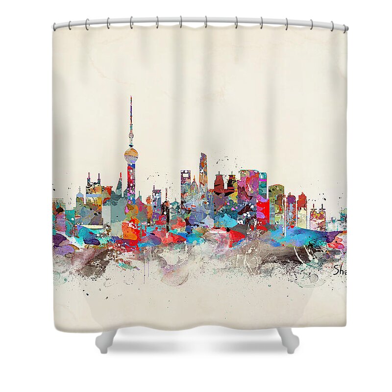 Shanghai City Skyline Shower Curtain featuring the painting Shanghai Skyline by Bri Buckley