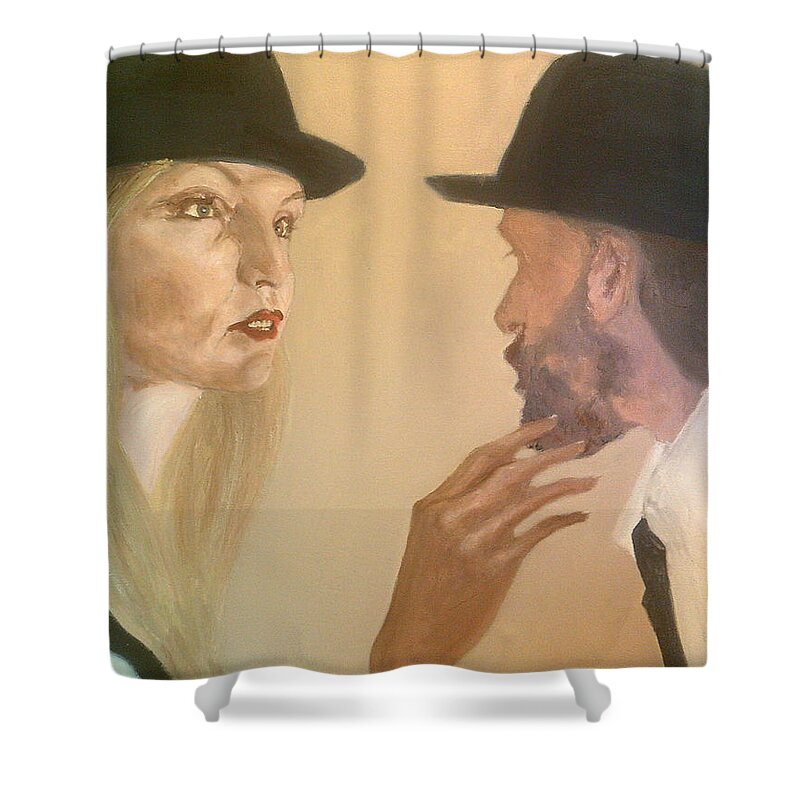 Woman Blonde Touches Beard Man Brown Hair Hats Shirt Looks Surprised Curious Disdainful Shower Curtain featuring the painting She Touches His Beard And Looks by Peter Gartner