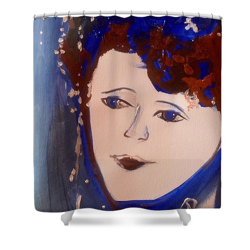 Snow Shower Curtain featuring the painting She travelled thru the snow by Judith Desrosiers