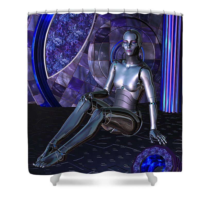 Robot Shower Curtain featuring the digital art Shebot Karrisiel by Judi Suni Hall