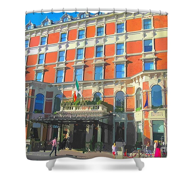 Shelbourne Shower Curtain featuring the painting Art of Shelbourne hotel Dublin by Mary Cahalan Lee - aka PIXI