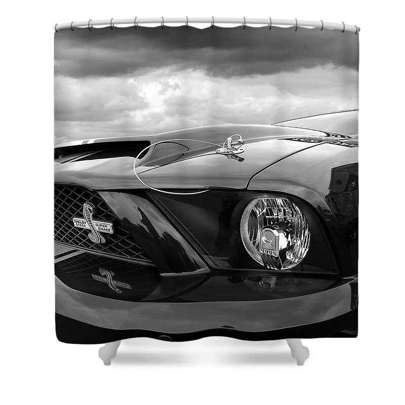 Ford Mustang Shower Curtain featuring the photograph Shelby Super Snake Mustang Grille and Headlight by Gill Billington