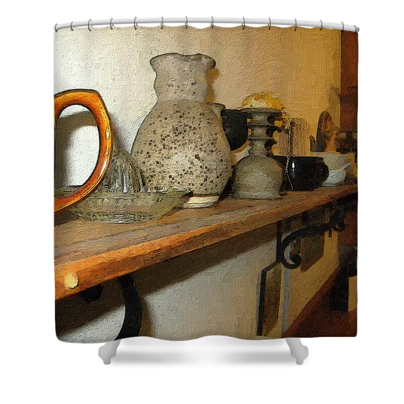 Bibelots Shower Curtain featuring the digital art Shelf with Things Treasured by RC DeWinter