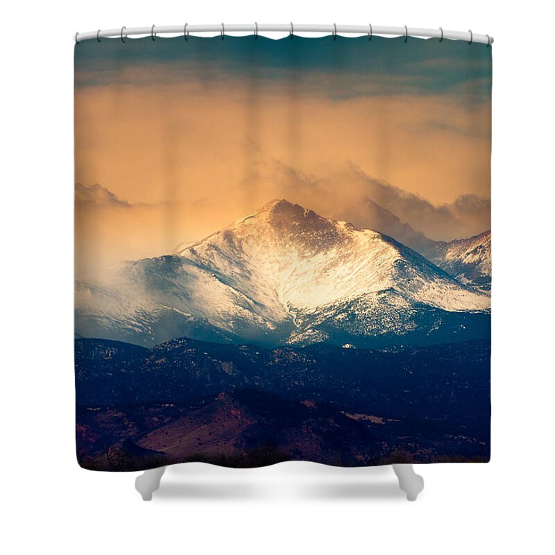 Longs Peak Shower Curtain featuring the photograph She'll Be Coming Around the Mountain by James BO Insogna