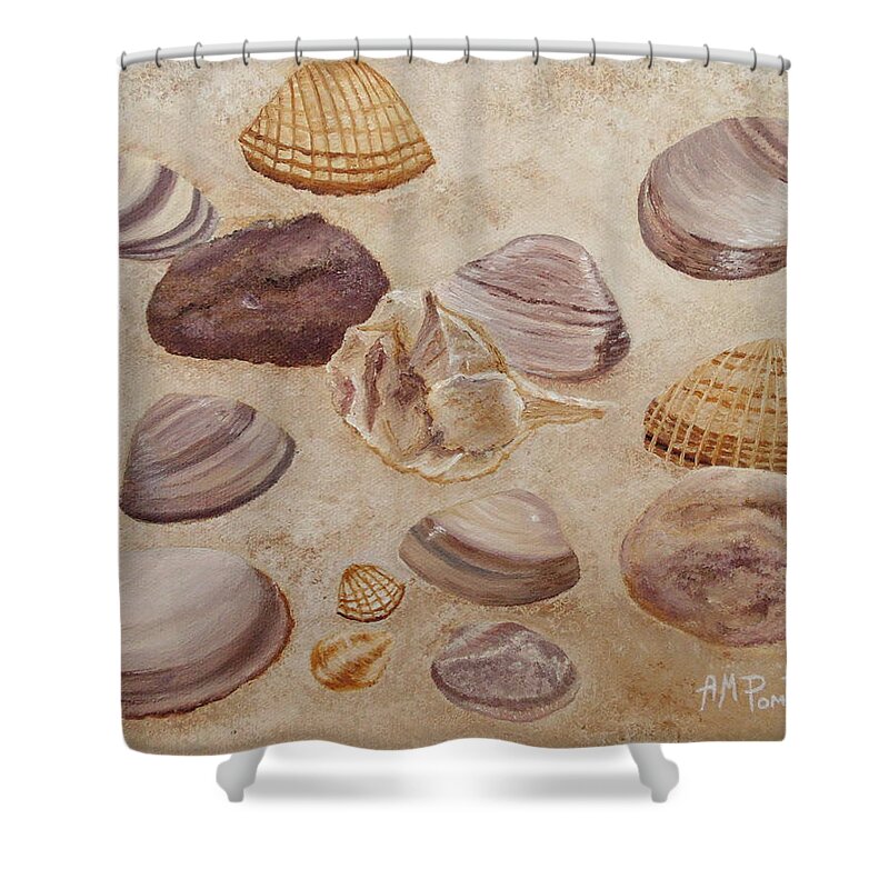 Shells Paintings Shower Curtain featuring the painting Shells and Stones by Angeles M Pomata