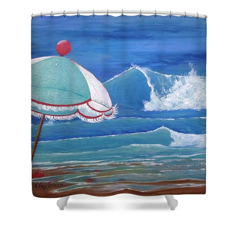 Umbrella Shower Curtain featuring the painting Sheltered Waves by Teresa Fry