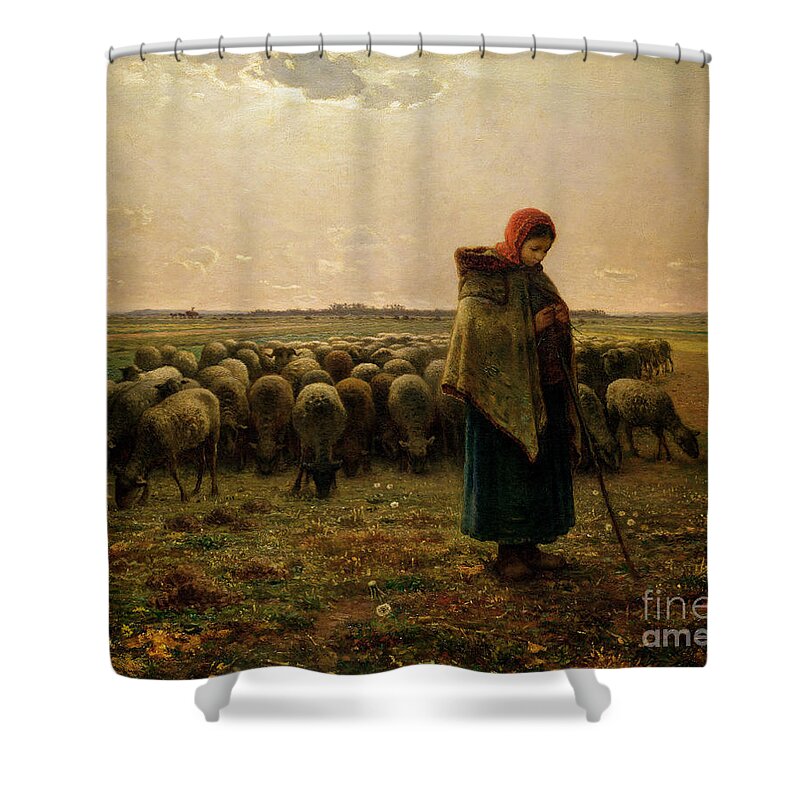 Shepherdess Shower Curtain featuring the painting Shepherdess with her Flock by Jean Francois Millet