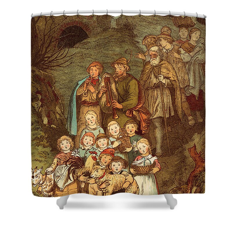 The Holy Child Shower Curtain featuring the painting Shepherds on their way to Bethlehem by Victor Paul Mohn