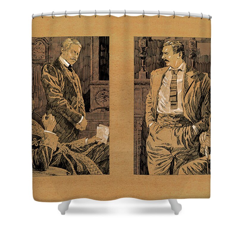 Russian Artists New Wave Shower Curtain featuring the drawing Sherlock Holmes and Sir Henry. The Hound of the Baskerville by Igor Sakurov