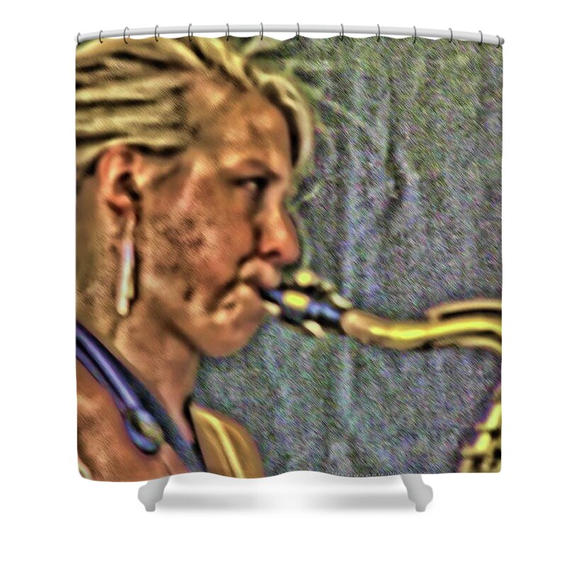 Woman Shower Curtain featuring the digital art She's Jazzed by Vincent Green