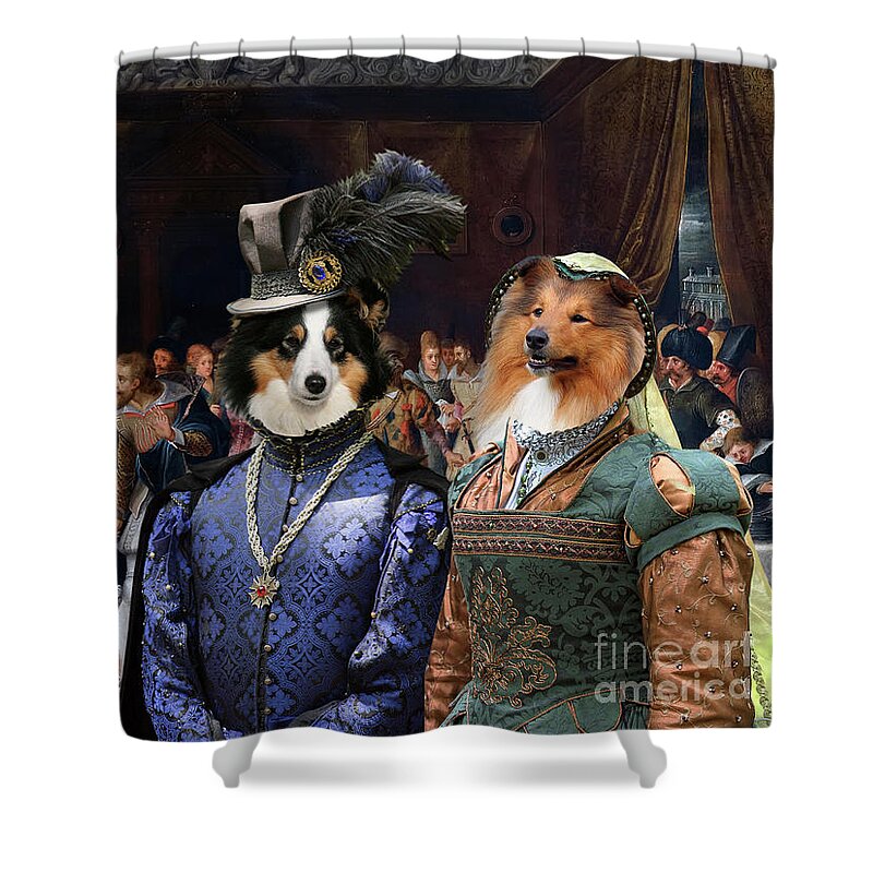 Sheltie Shower Curtain featuring the painting Shetland Sheepdog Art Canvas Print - An Interior Scene with Elegant Figures at a Wedding by Sandra Sij