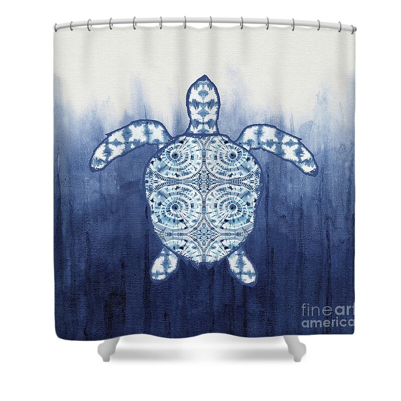 Shibori Shower Curtain featuring the painting Shibori Blue 1 - Patterned Sea Turtle over Indigo Ombre Wash by Audrey Jeanne Roberts