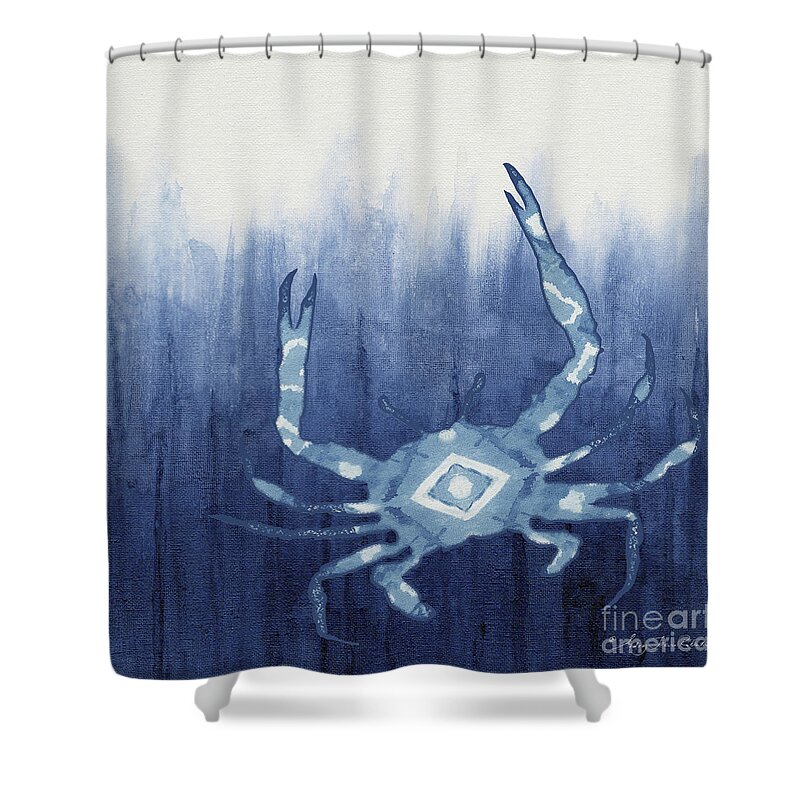Blue Crab Shower Curtain featuring the painting Shibori Blue 4 - Patterned Blue Crab over Indigo Ombre Wash by Audrey Jeanne Roberts