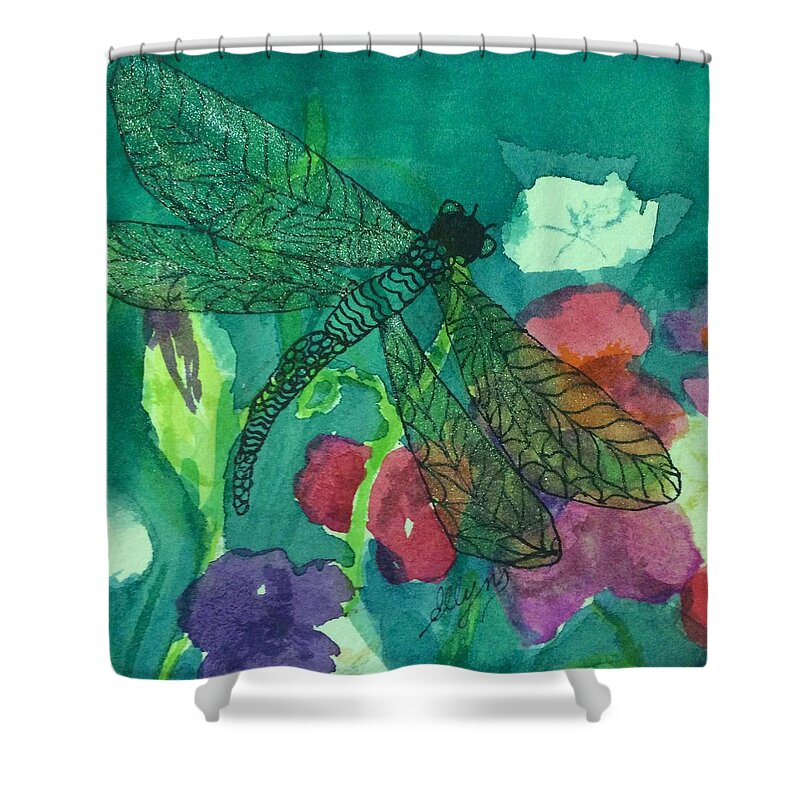 Dragonfly Shower Curtain featuring the painting Shimmering Dragonfly w Sweetpeas Square Crop by Ellen Levinson