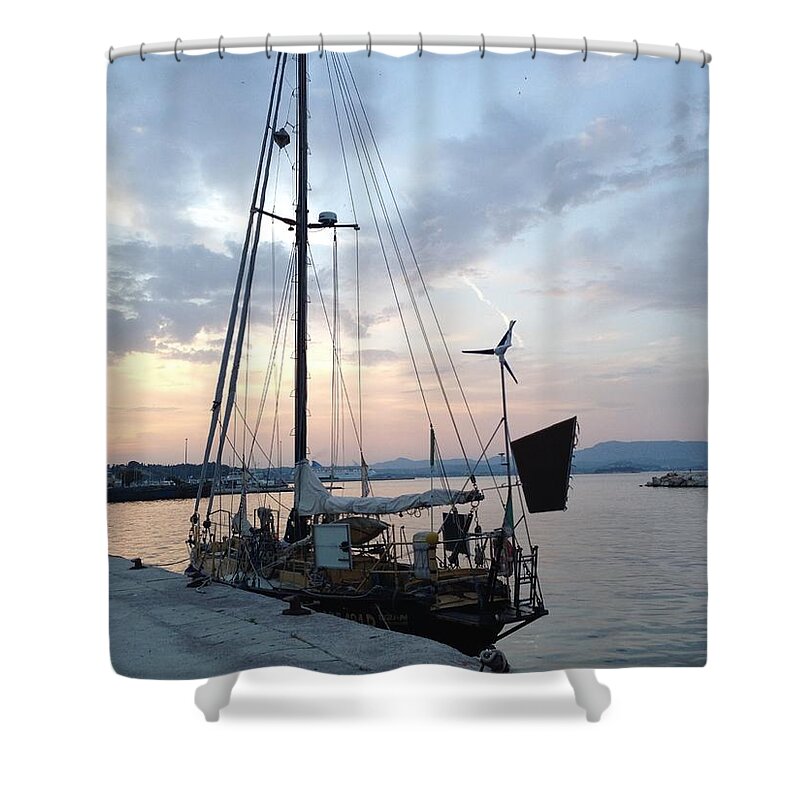 Ship Summer Sea Sunset Shower Curtain featuring the photograph Ship by Enachi Robert