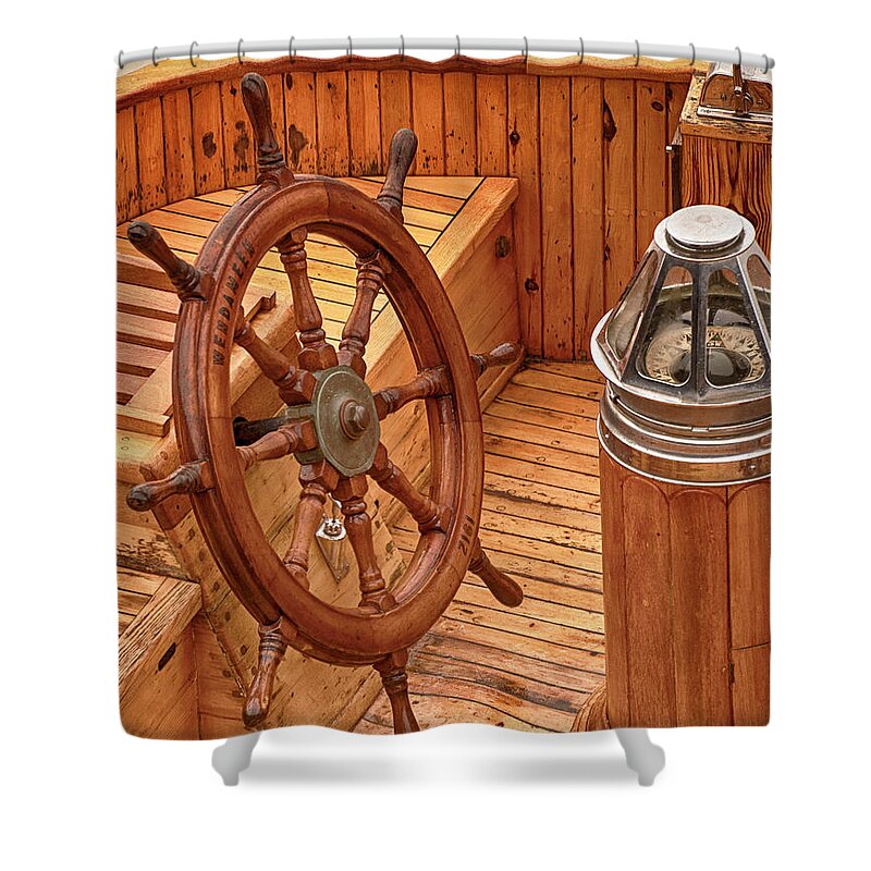 Ship's Wheel; Compass; Ship; Boat; Wheel; New England; Portland; Maine Shower Curtain featuring the photograph Wheel and Compass by Mick Burkey