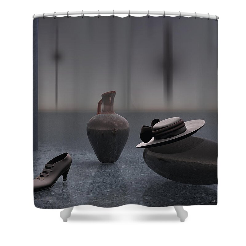 Surreal Shower Curtain featuring the digital art Shoe and Hat in Gray by Judi Suni Hall