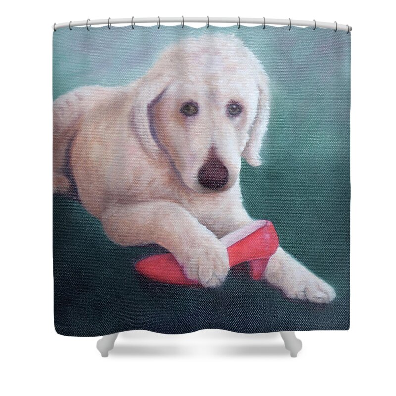 Dog With Shoe Shower Curtain featuring the painting Shoe Fetish by Marg Wolf
