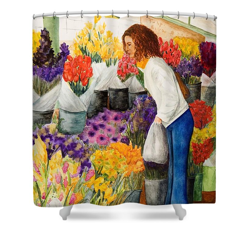 Pike's Market Shower Curtain featuring the painting Shopping Pike's Market by Vicki Housel