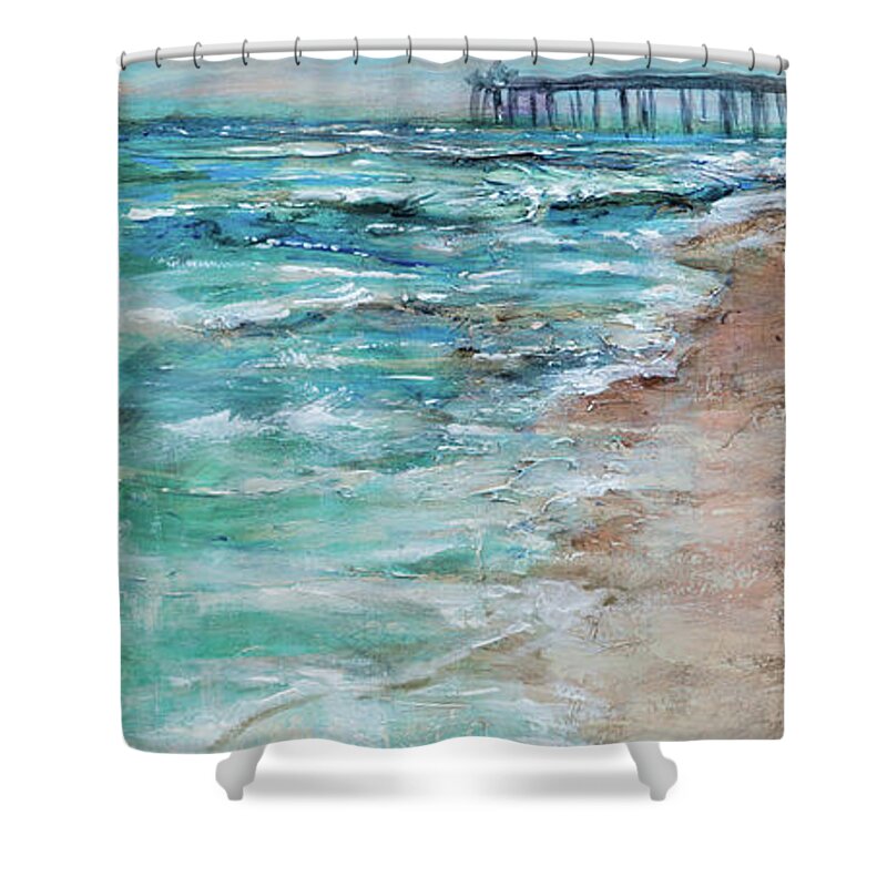 Palms Shower Curtain featuring the painting Shoreline and Pier by Linda Olsen