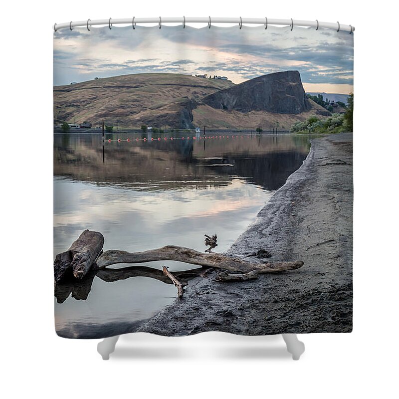 Lewiston Idaho Clarkston Washington Id Wa Lewis Clark Lc Valley Drift Wood Snake River Beach Rock Hell's Canyon National Park Shoreline Water Clouds Swallows Nest Sand Still Shower Curtain featuring the photograph Shoreline View of the Rock by Brad Stinson