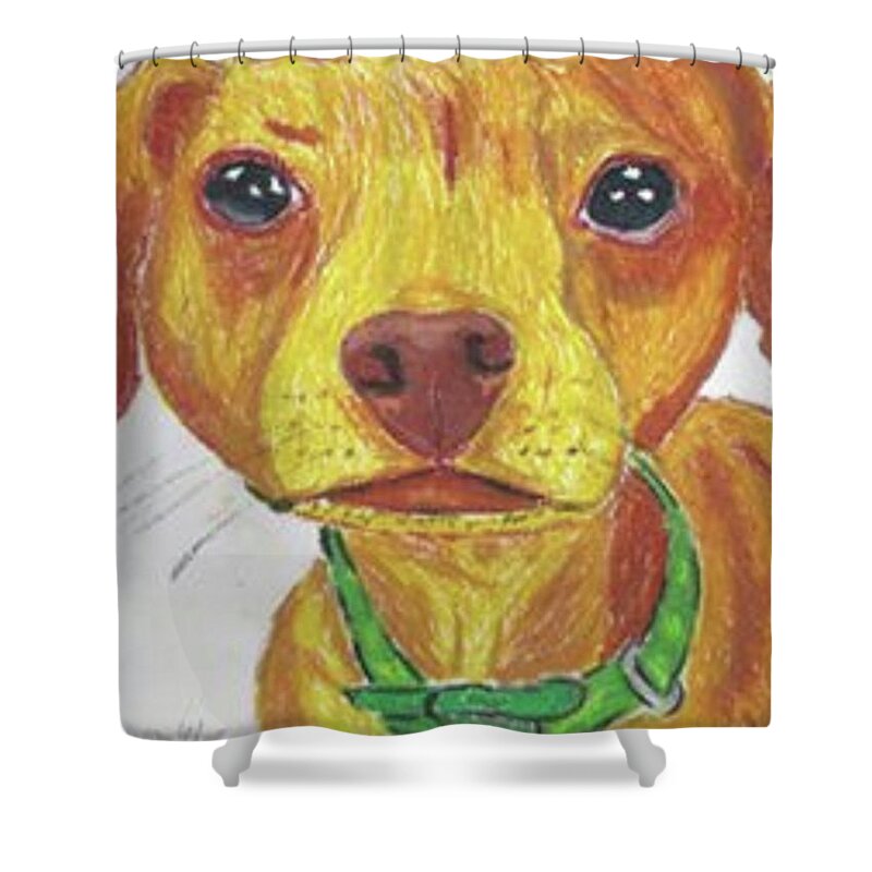 Dog Shower Curtain featuring the pastel Show me the Bacon by Ali Baucom