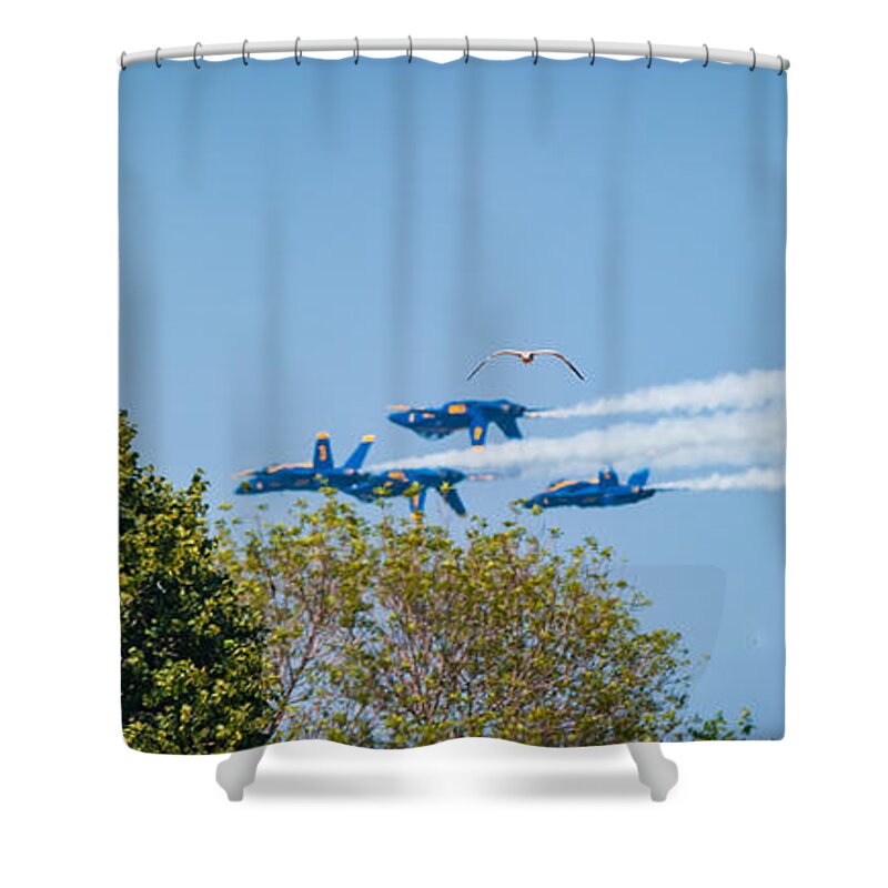 Blue Sky Shower Curtain featuring the photograph Show offs i'm out of here by Charles McCleanon
