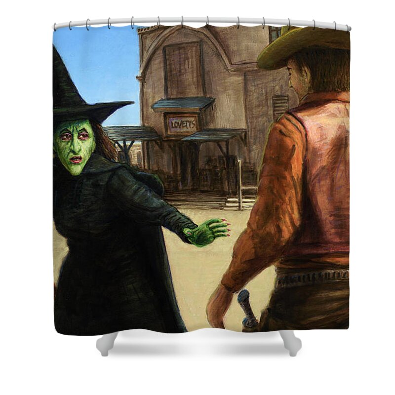 Cowboy Shower Curtain featuring the painting Showdown by James W Johnson