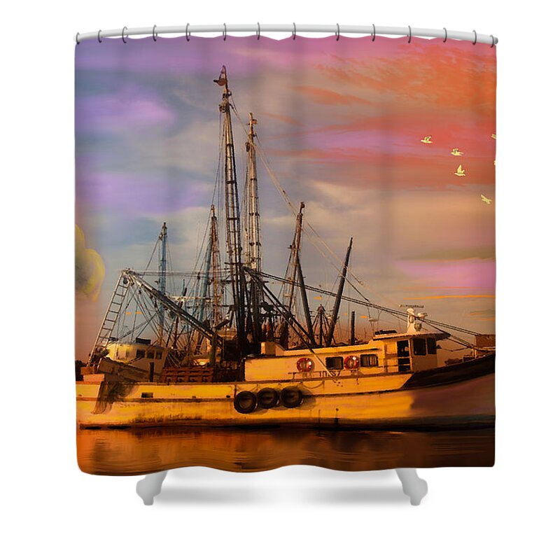 Louisiana Shower Curtain featuring the digital art Shrimpers at Dock by J Griff Griffin