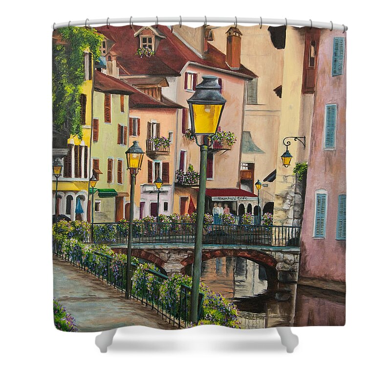 Annecy France Art Shower Curtain featuring the painting Side Streets in Annecy by Charlotte Blanchard