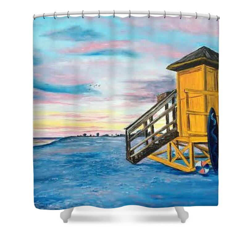 Siesta Key Shower Curtain featuring the painting Siesta Key Life Guard Shack At Sunset by Lloyd Dobson