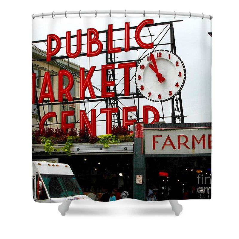 Public Market Center Shower Curtain featuring the photograph Sign With Clock by Elisabeth Derichs