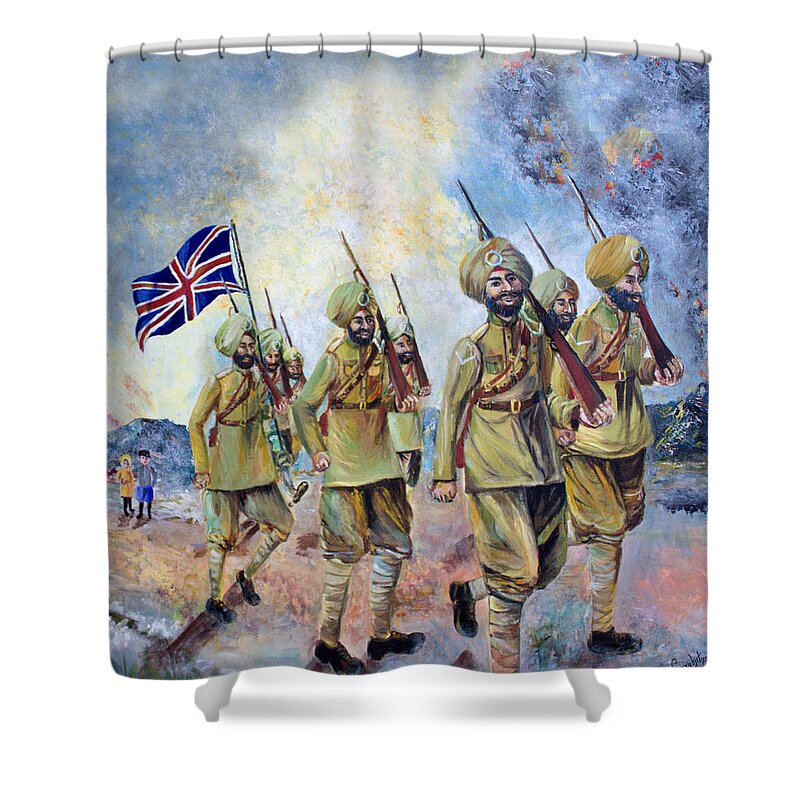 #sikhs Shower Curtain featuring the painting Sikh soldiers in France WW1 by Sarabjit Singh