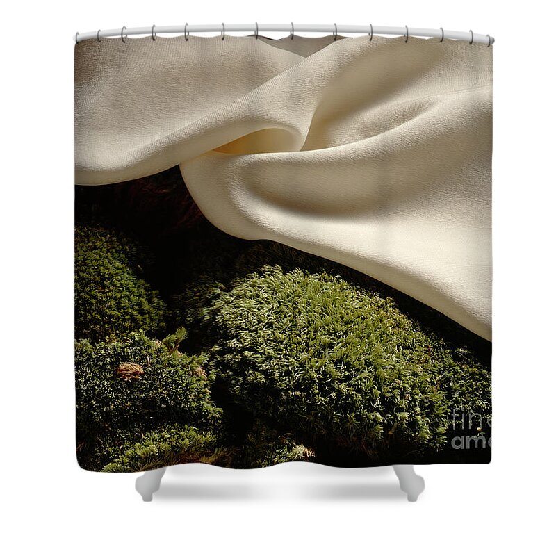 Abstract; Arty; Composition; Creative; Horizontal; Original; Still Life; Visual Art Shower Curtain featuring the photograph Silk and Moss by Stefania Levi