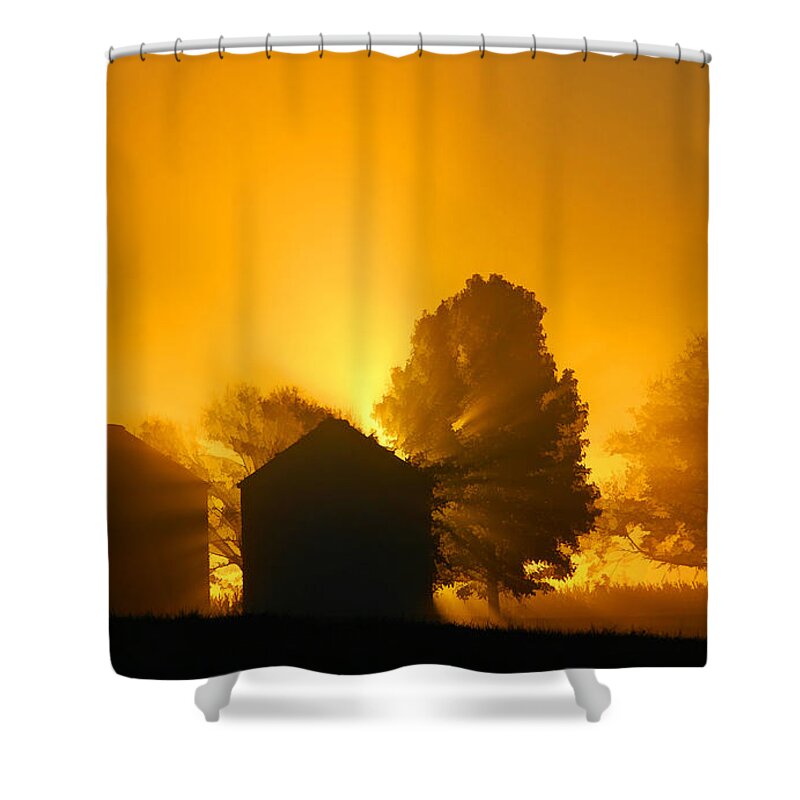 Landscape Shower Curtain featuring the photograph Silo Sunrise by Sam Davis Johnson