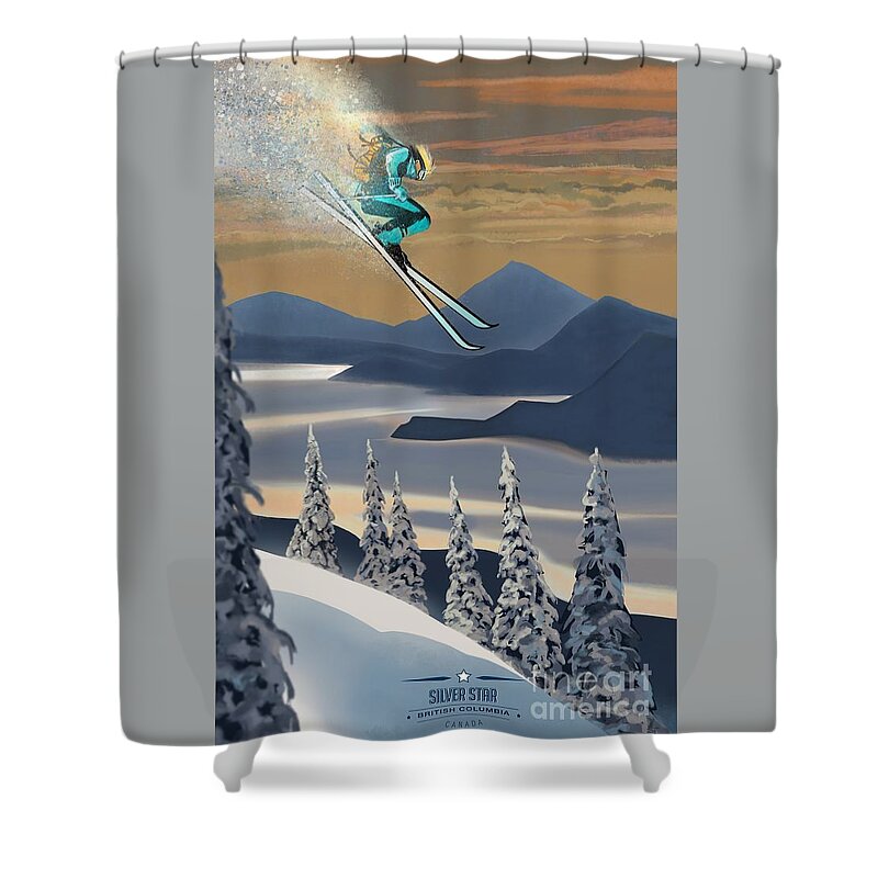 Retro Ski Art Shower Curtain featuring the painting Silver Star ski poster by Sassan Filsoof