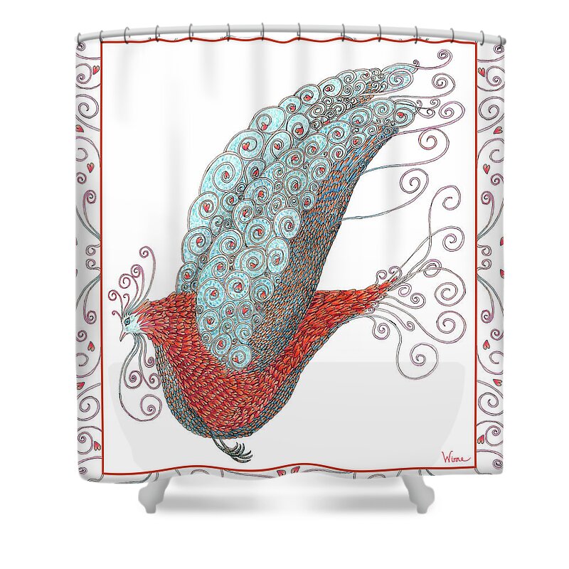 Lise Winne Shower Curtain featuring the mixed media Simon Lovey the Exotic Bird with border by Lise Winne