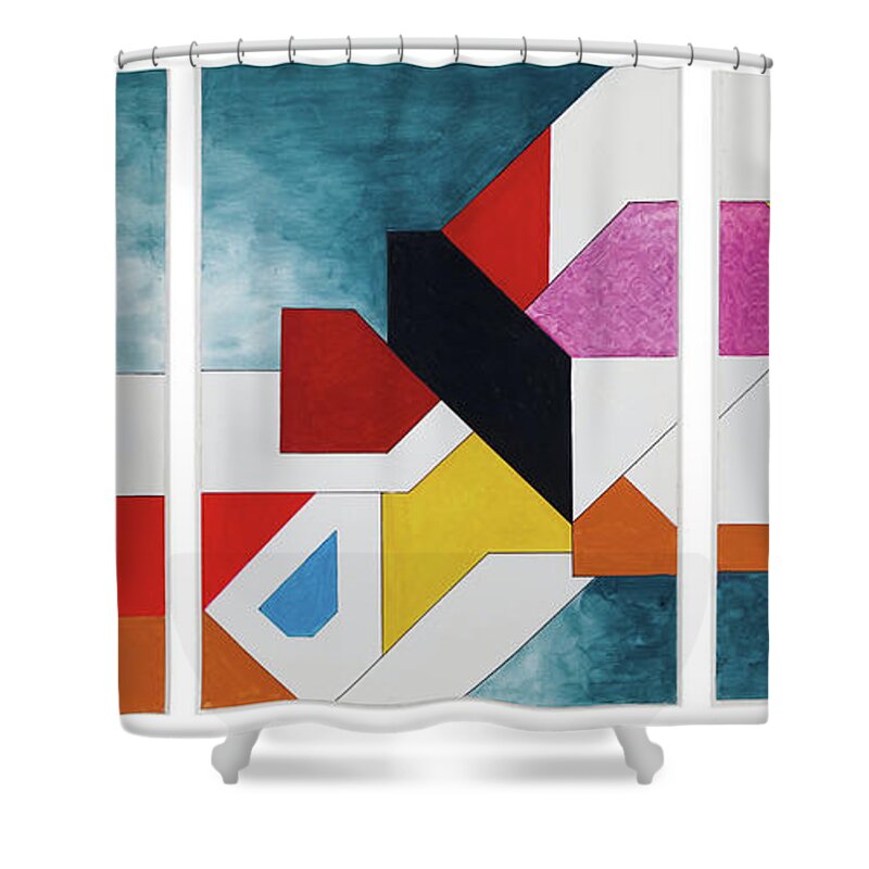 Abstract Shower Curtain featuring the painting Sinfonia del Universo Triptic by Willy Wiedmann