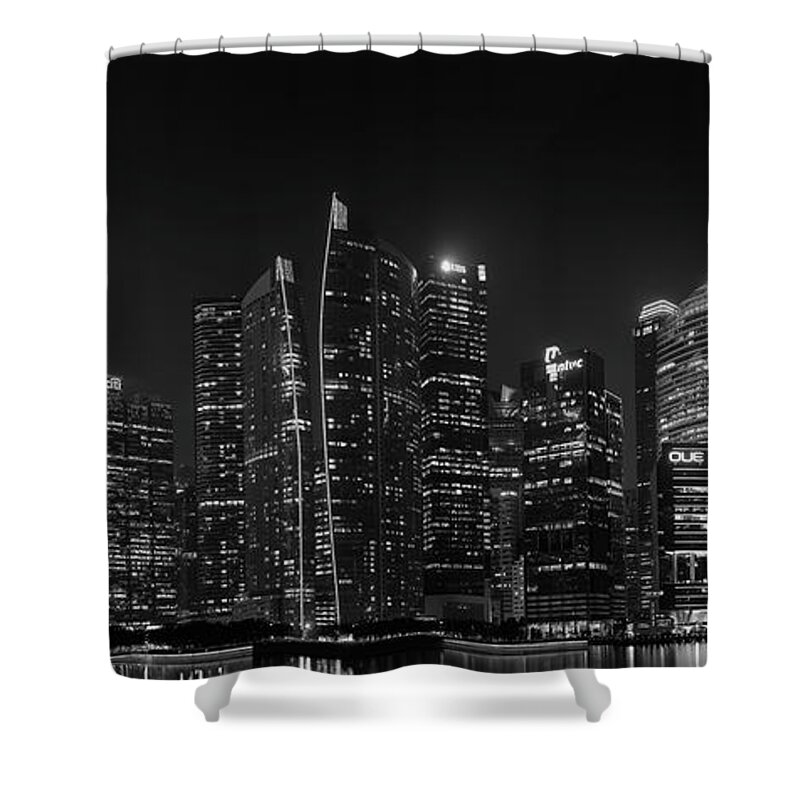 Panorama Shower Curtain featuring the photograph Singapore Skyline Panorama Black and White by Rick Deacon